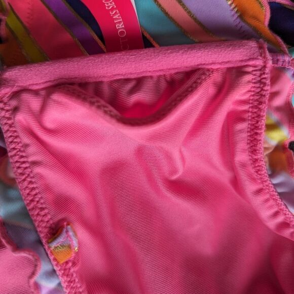 Victoria's Secret Y2K Vintage Rainbow Foil Ruffle Chevron Stripe Bikini Set NWOT - Picture 10 of 10